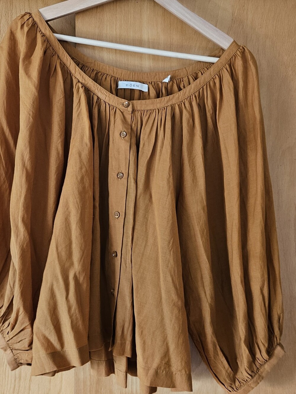 Doen Mustard Button-Up Gathered Off-Shoulder Blouse
